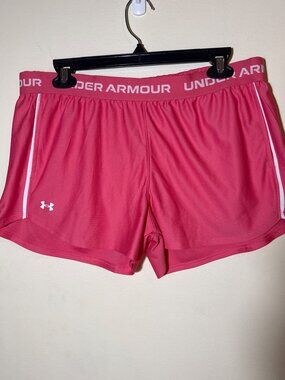 Under Armour Womens Tech Play Up Pink Shorts Size L Lightweight Breathable Loose